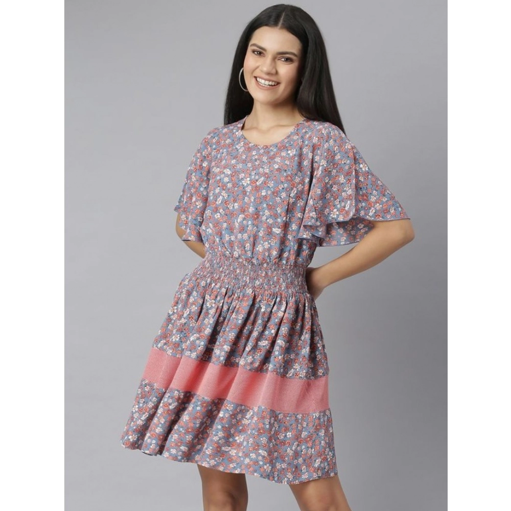 Women's Polyester Moss Floral Round Neck Flutter Dress (Grey-Red)