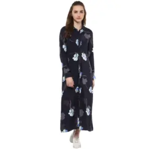 Women's Rayon Floral Collar Neck Long Sleeves Dress (Blue)