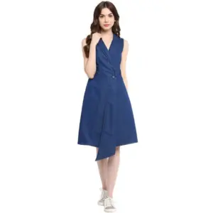 Women's Denim Solid Collar Neck Sleeveless Dress (Blue)
