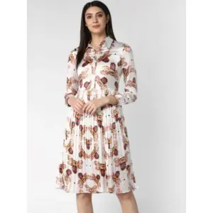 Women's Polyester Pleated Collar Neck Long Sleeves Dress (White)