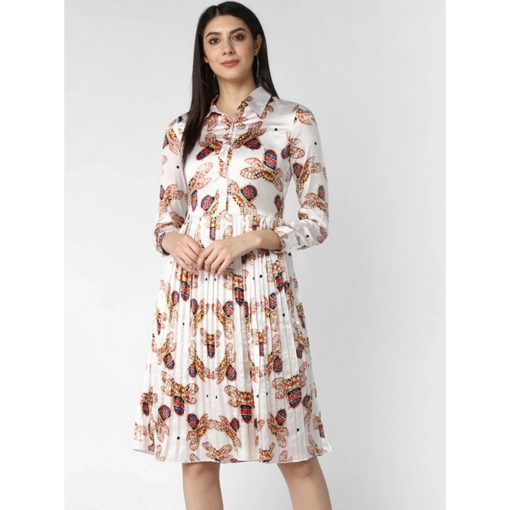 Women's Polyester Pleated Collar Neck Long Sleeves Dress (White)