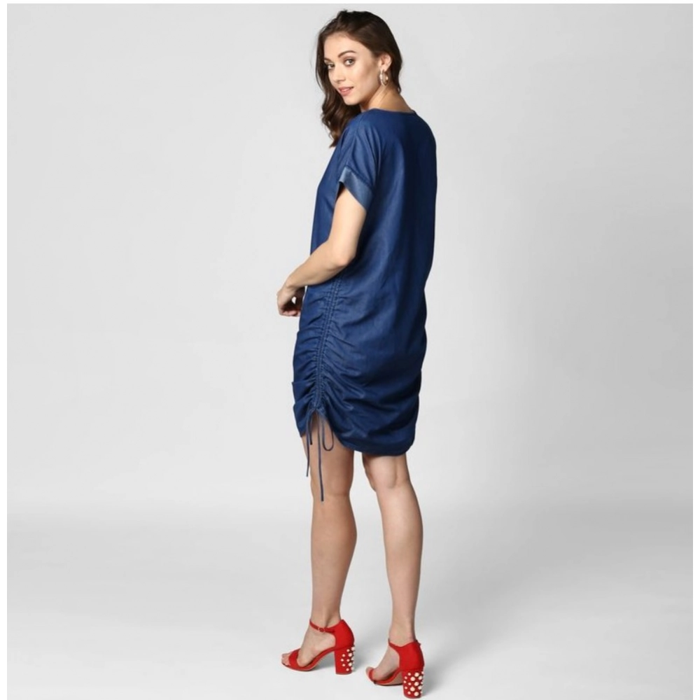 Women's Denim Solid Close Neck Short Sleeve Dress (Blue) - Image 4