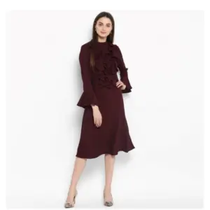 Women's Polyester Ruffled Close Neck Bell Sleeve Dress (Maroon)