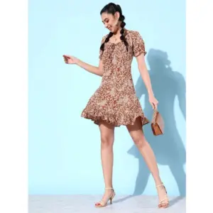 Women's Polyester Crepe Floral Square Neck Short Sleeve Dress (Rust)