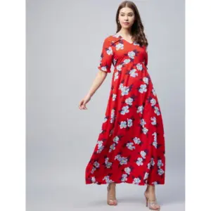 Women's Cotton Blend Floral V-Neck Half Sleeve Dress (Blue-Red)