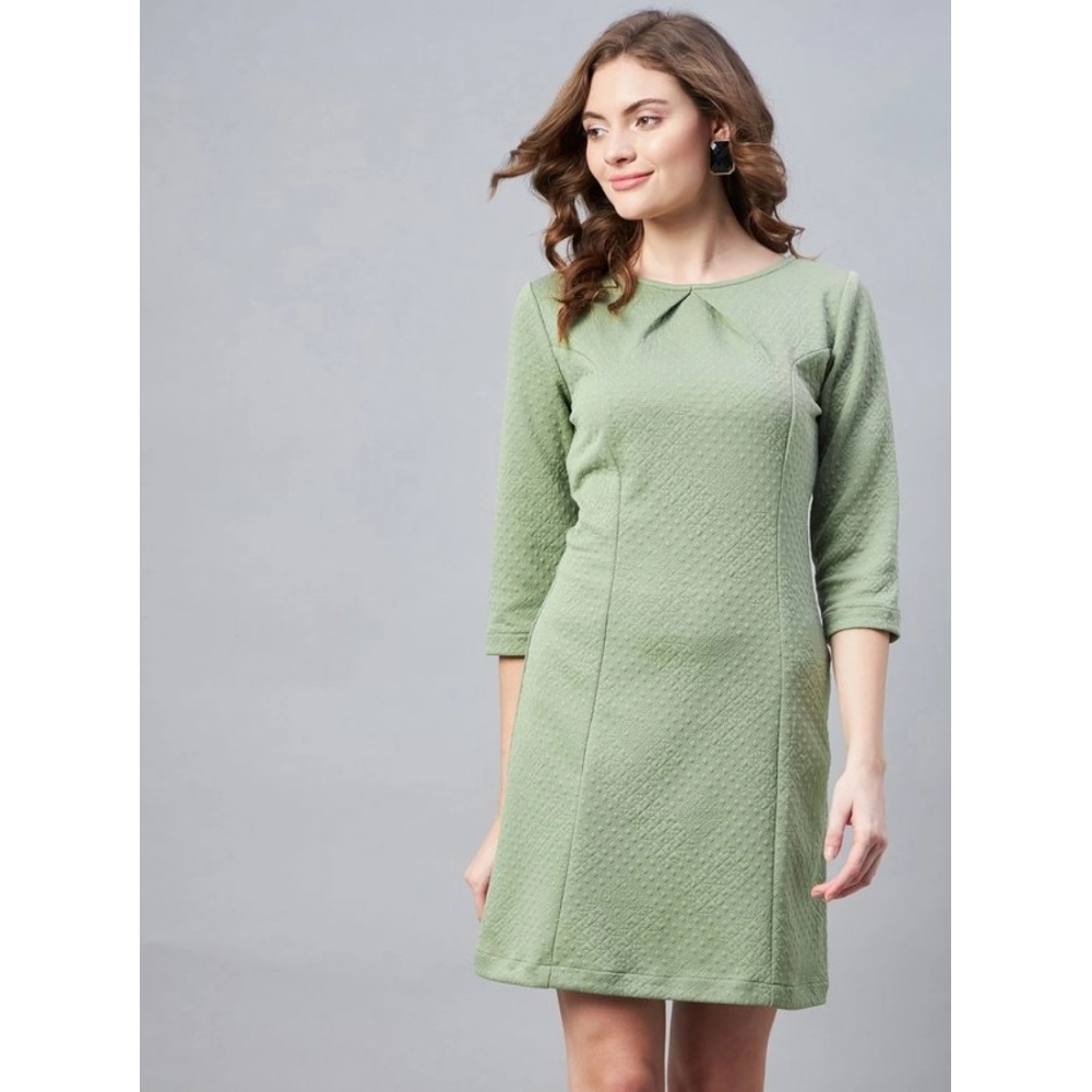 Women's Polyester Jacquard Self Design Round Neck 3/4th Sleeves Dress (Olive)