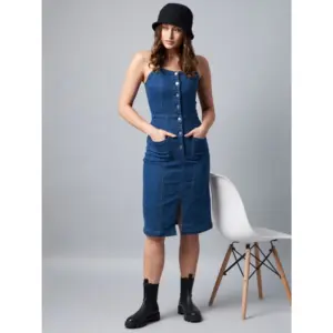 Women's Denim Lycra Solid Square Neck Shoulder Straps Dress (Blue)