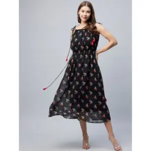 Women's Chiffon Floral Square Neck Sleeveless Dress (Black)