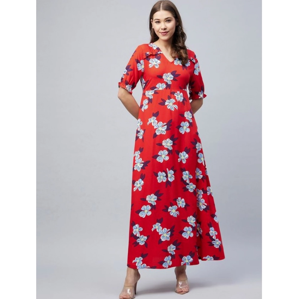 Women's Cotton Blend Floral V-Neck Half Sleeve Dress (Blue-Red) - Image 4