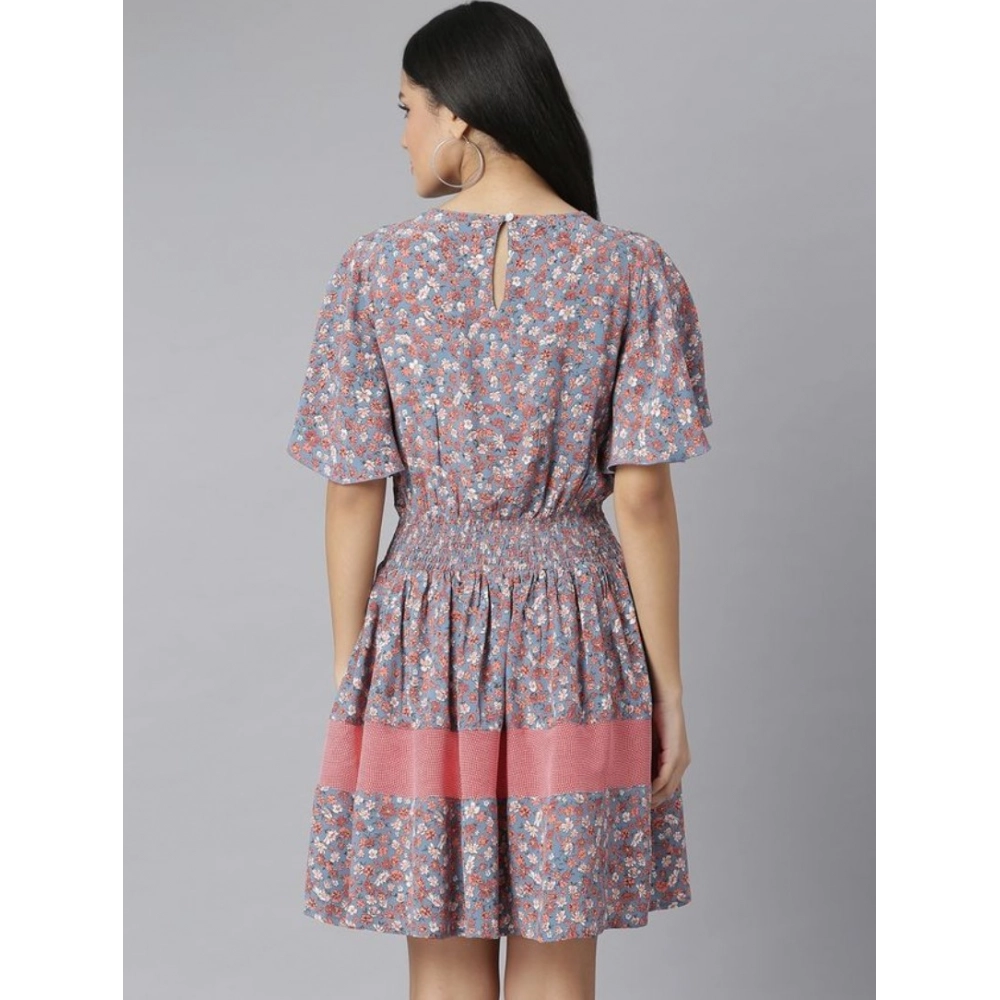 Women's Polyester Moss Floral Round Neck Flutter Dress (Grey-Red) - Image 4