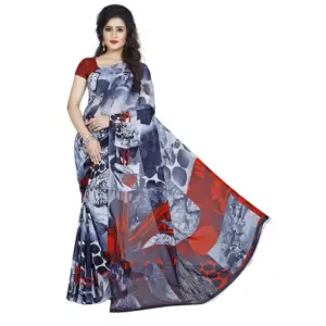 Women's Faux Georgette Printed Saree With Unstitched Blouse 5.5Mtr (Black)