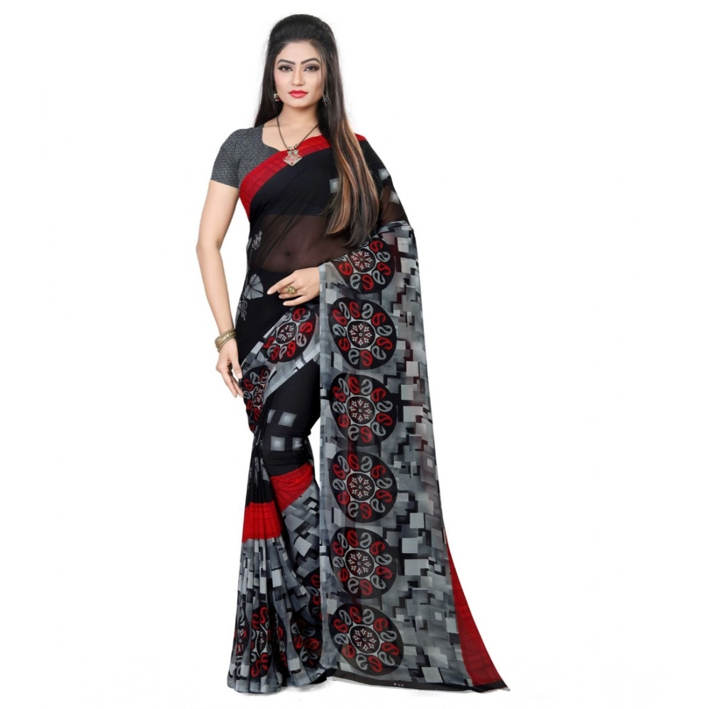 Women's Georgette Printed Saree With Unstitched Blouse 5.5Mtr (Black)