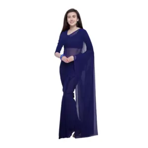 Women's Dyed Solid Saree With Unstitched Blouse 5.5Mtr (Dark Blue)