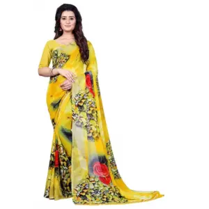 Women's Faux Georgette Printed Saree With Unstitched Blouse 5.5Mtr (Yellow)