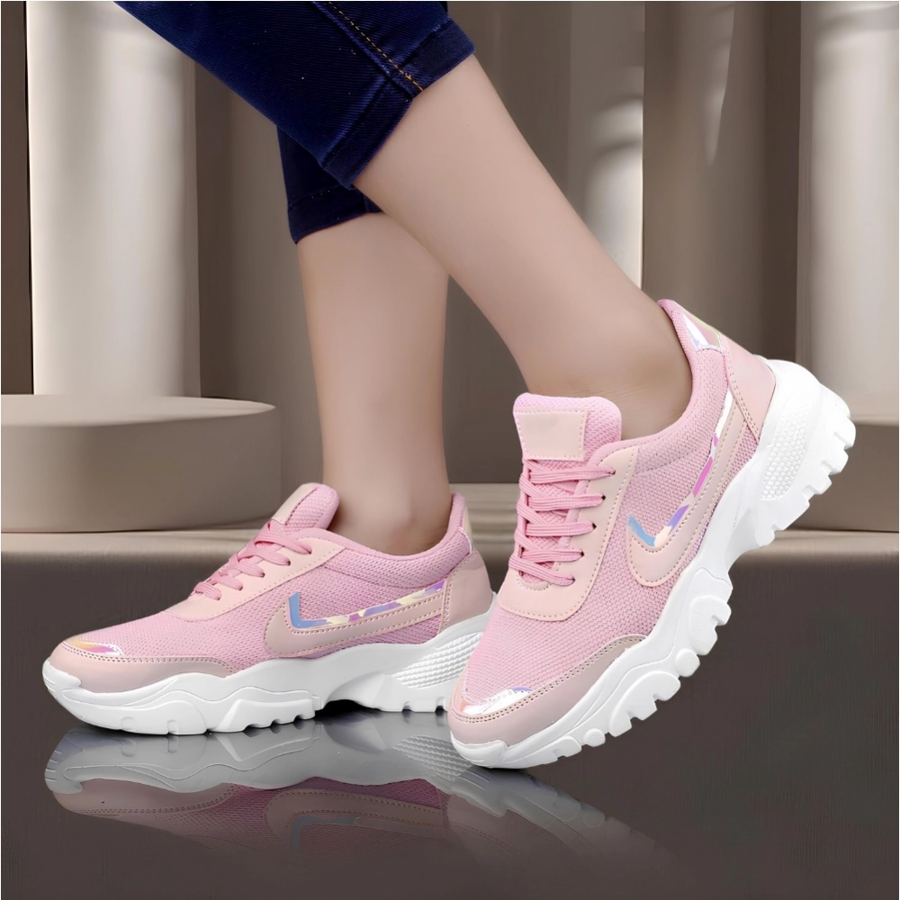 Women's Casual Mesh Printed Lace-Ups Shoes (Pink) - Image 3