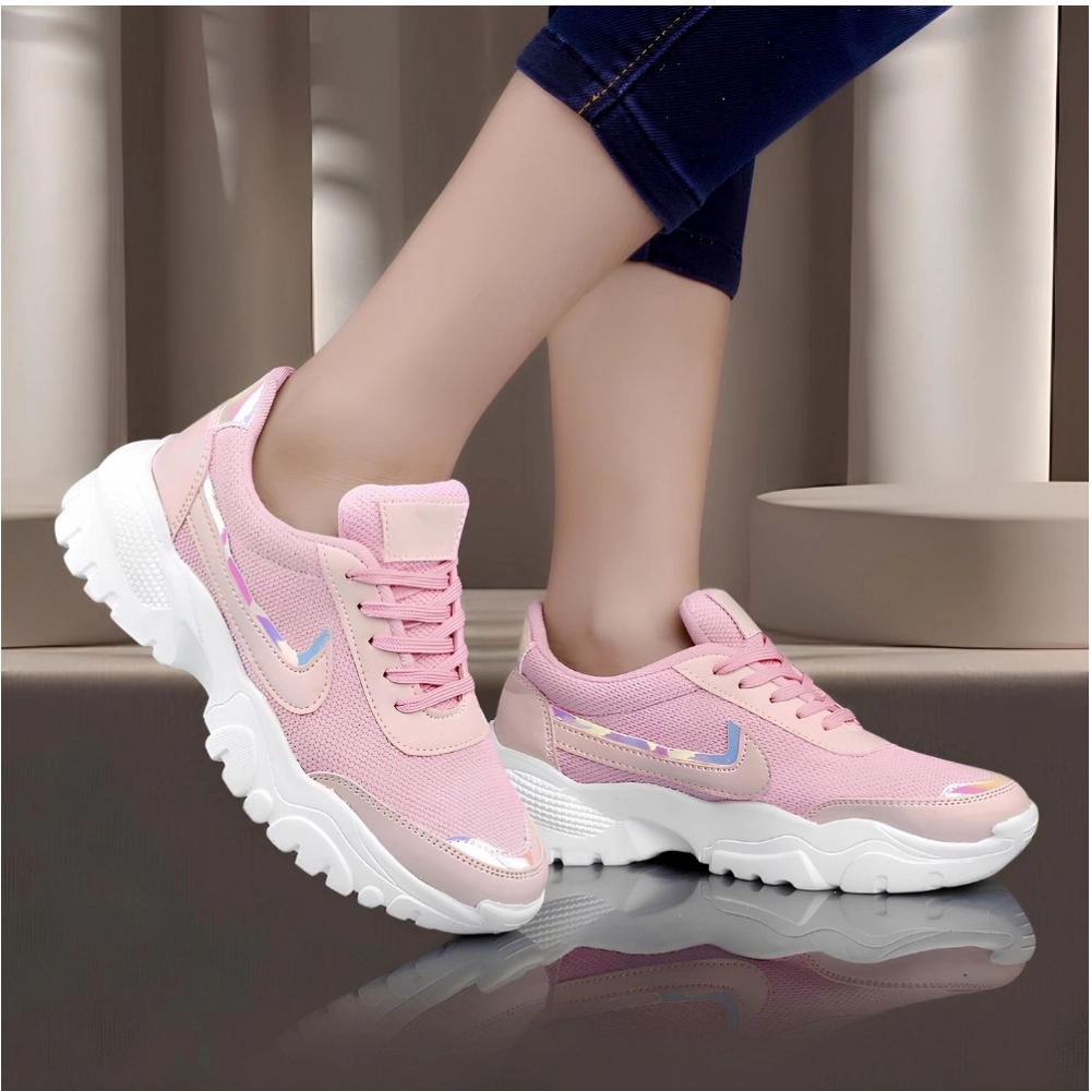 Women's Casual Mesh Printed Lace-Ups Shoes (Pink) - Image 4