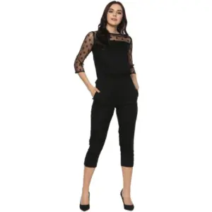 Women's Polyester Self Design 3/4th Sleeve Jumpsuit (Black)