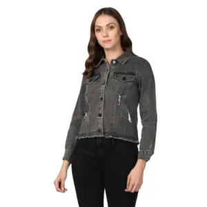 Women's Denim Distressed Long Sleeve Jacket (Black)