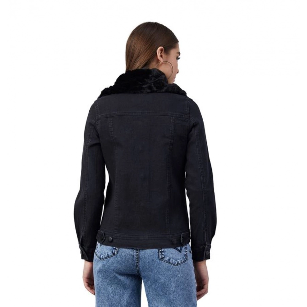 Women's Denim & Faux Fur Washed Long Sleeve Jacket (Black) - Image 4