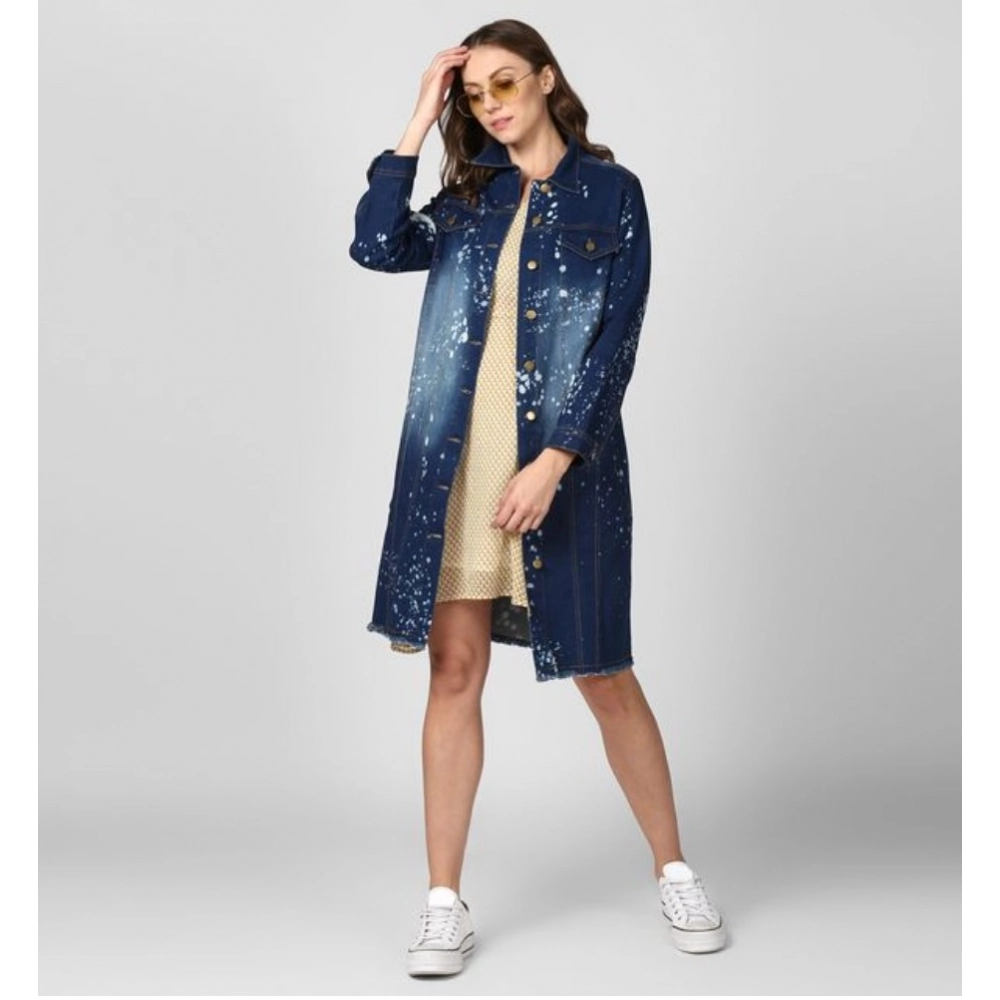 Women's Denim Washed Long Sleeve Jacket (Blue) - Image 3