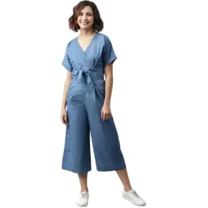 Women's Denim Solid Half Sleeve Jumpsuit (Blue)