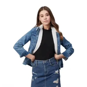 Women's Denim Washed Long Sleeve Jacket (Blue)