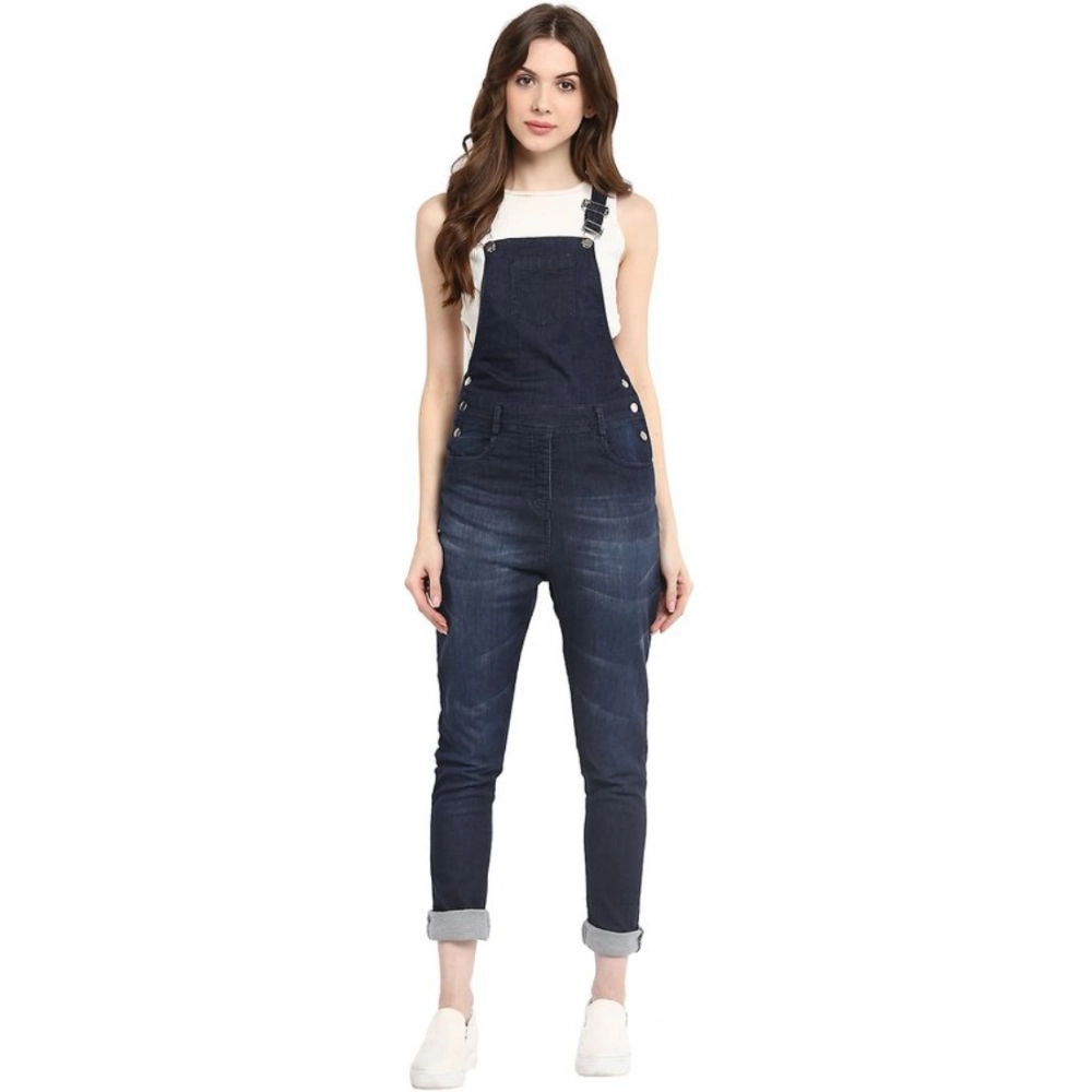 Women's Denim Solid Dungaree Pant (Blue) - Image 3
