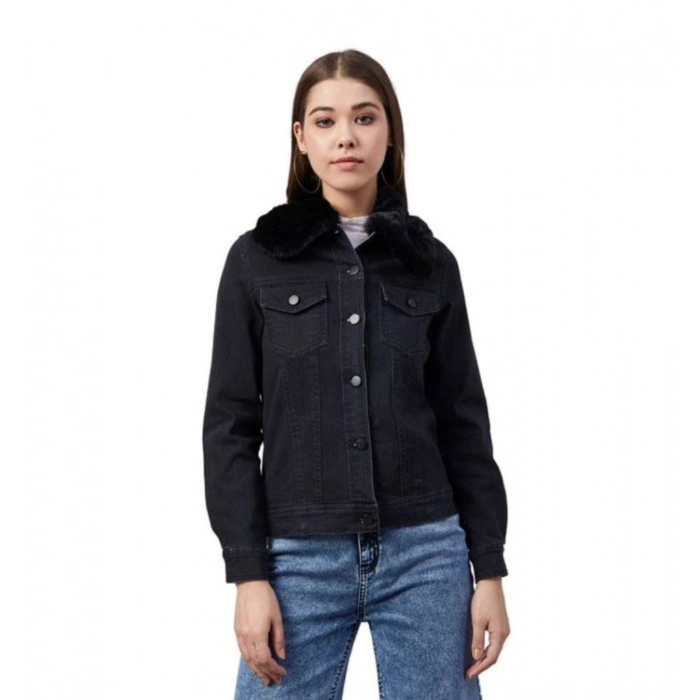 Women's Denim & Faux Fur Washed Long Sleeve Jacket (Black)