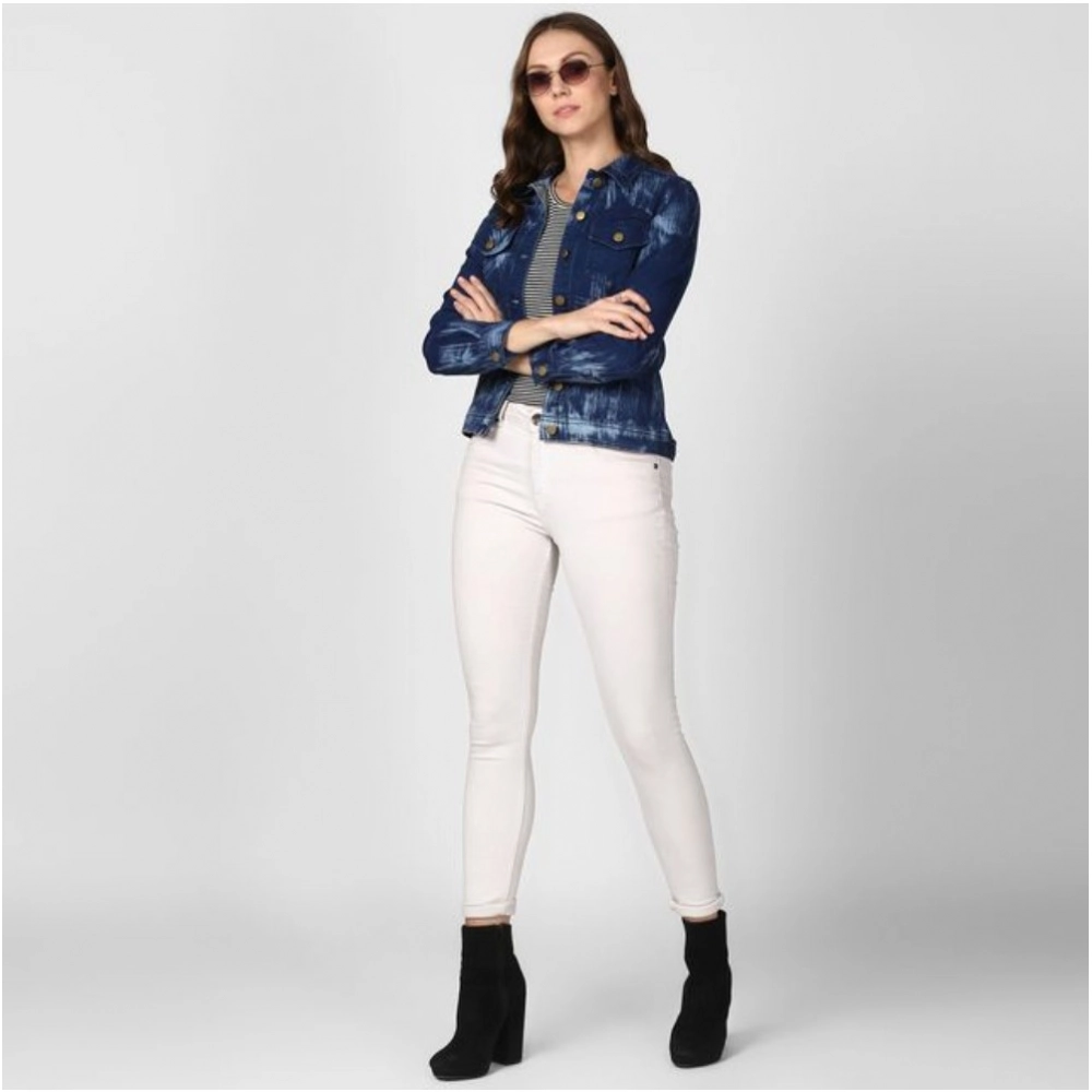 Women's Denim Washed Long Sleeve Jacket (Blue) - Image 3