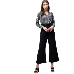 Women's Rayon Animal Print Short Sleeve Jumpsuit (Black)