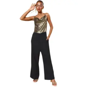 Women's Polyester Embellished Sleeveless Jumpsuit (Gold)