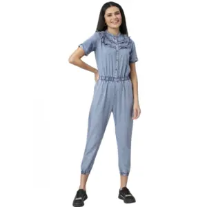 Women's Denim Self Design Tie Ups Jumpsuit (Blue)
