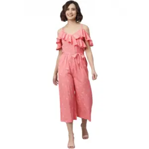 Women's Polyester Floral Cold Shoulder Jumpsuit (Pink)