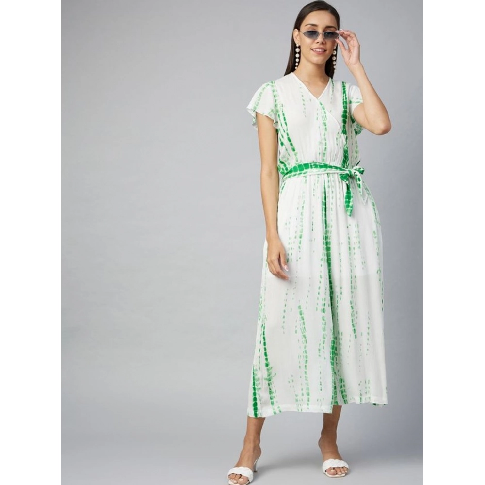 Women's Rayon Striped Short Sleeve Jumpsuit (Green - White) - Image 3