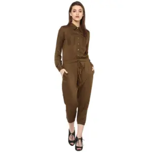 Women's Rayon Solid Long Sleeve Jumpsuit (Olive)