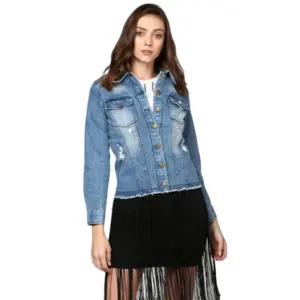 Women's Denim Distressed Long Sleeve Jacket (Blue)