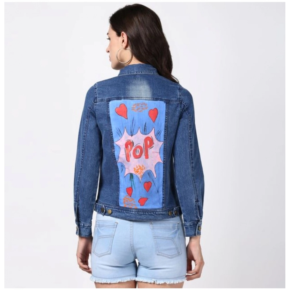 Women's Denim Hand Painted Long Sleeve Jacket (Blue) - Image 4