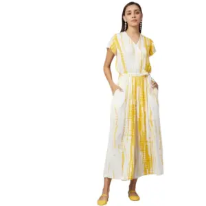 Women's Rayon Striped Short Sleeve Jumpsuit (Yellow - White)