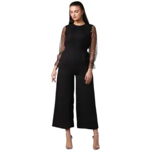 Women's Polyester Embellished Long Sleeve Jumpsuit (Black)