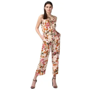 Women's Polyester Floral Halter Jumpsuit (Peach)