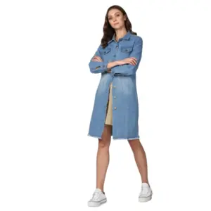 Women's Denim Washed Long Sleeve Jacket (Blue)