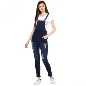 Women's Denim Solid Dungaree Pant (Blue)