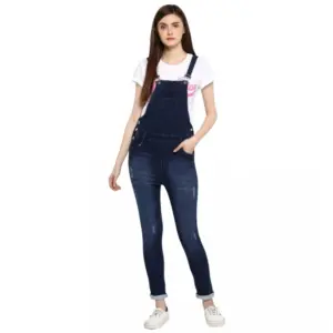 Women's Denim Distressed Dungaree Pant (Blue)
