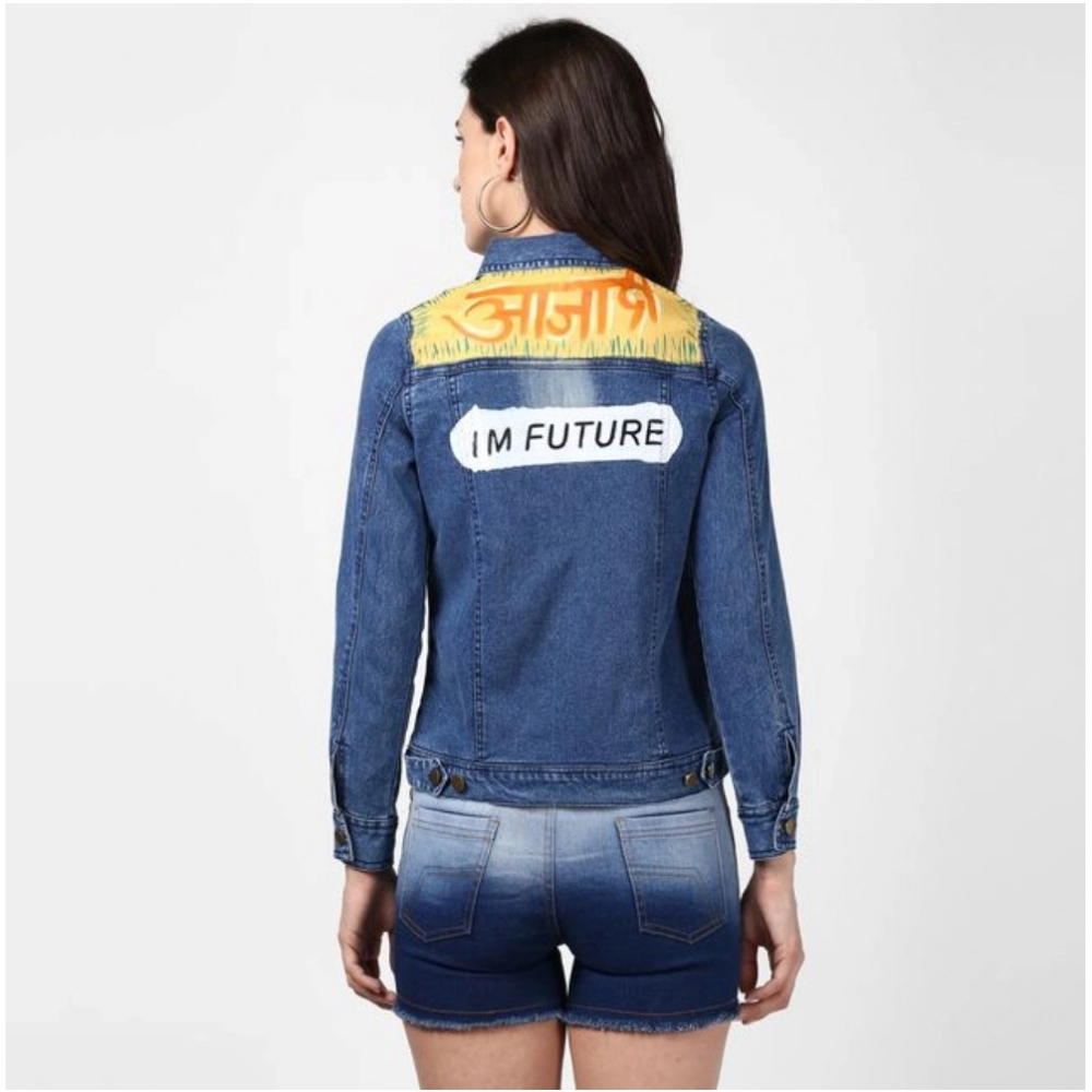 Women's Denim Hand Painted Long Sleeve Jacket (Blue) - Image 4