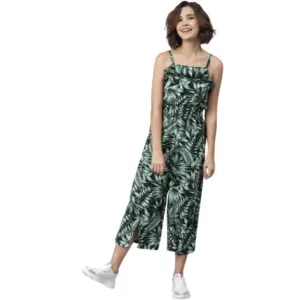 Women's Polyester Printed Shoulder Straps Jumpsuit (Black - Green)