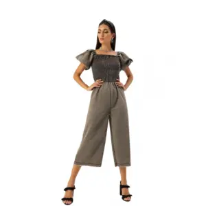 Women's Denim Solid Balloon Sleeve Jumpsuit (Black)