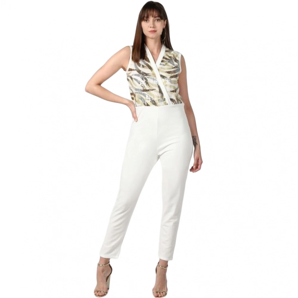 Women's Polyester Embellished Sleeveless Jumpsuit (White)
