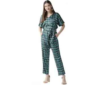 Women's Polyester Polka Half Sleeve Jumpsuit (Green)