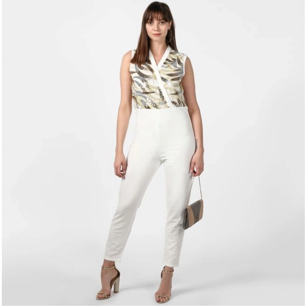 Women's Polyester Embellished Sleeveless Jumpsuit (White) - Image 3