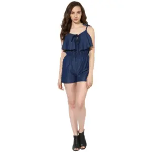 Women's Denim Ruffled Shoulder Straps Jumpsuit (Blue)